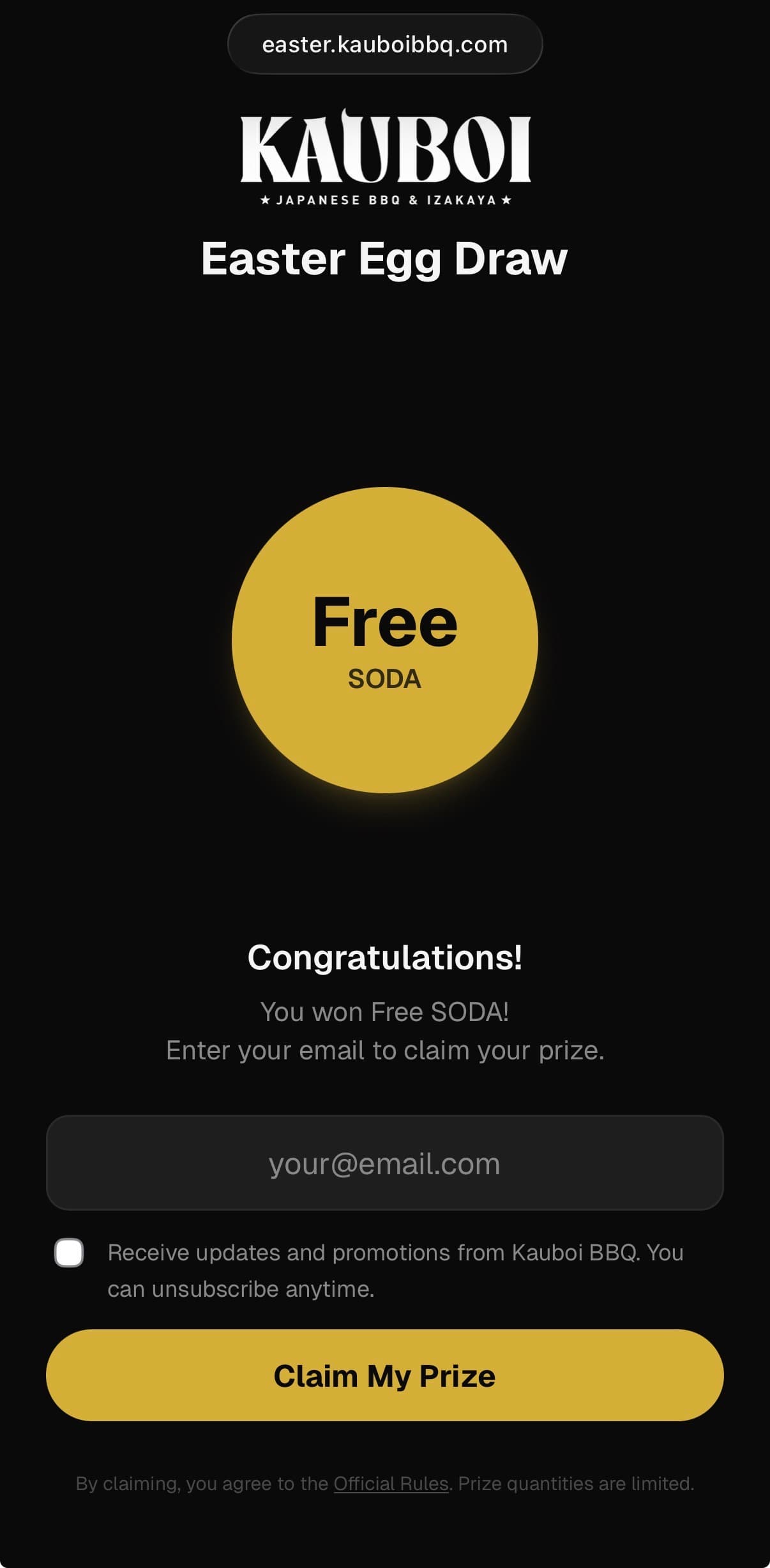 Kauboi Easter QR result — Free SODA prize claim